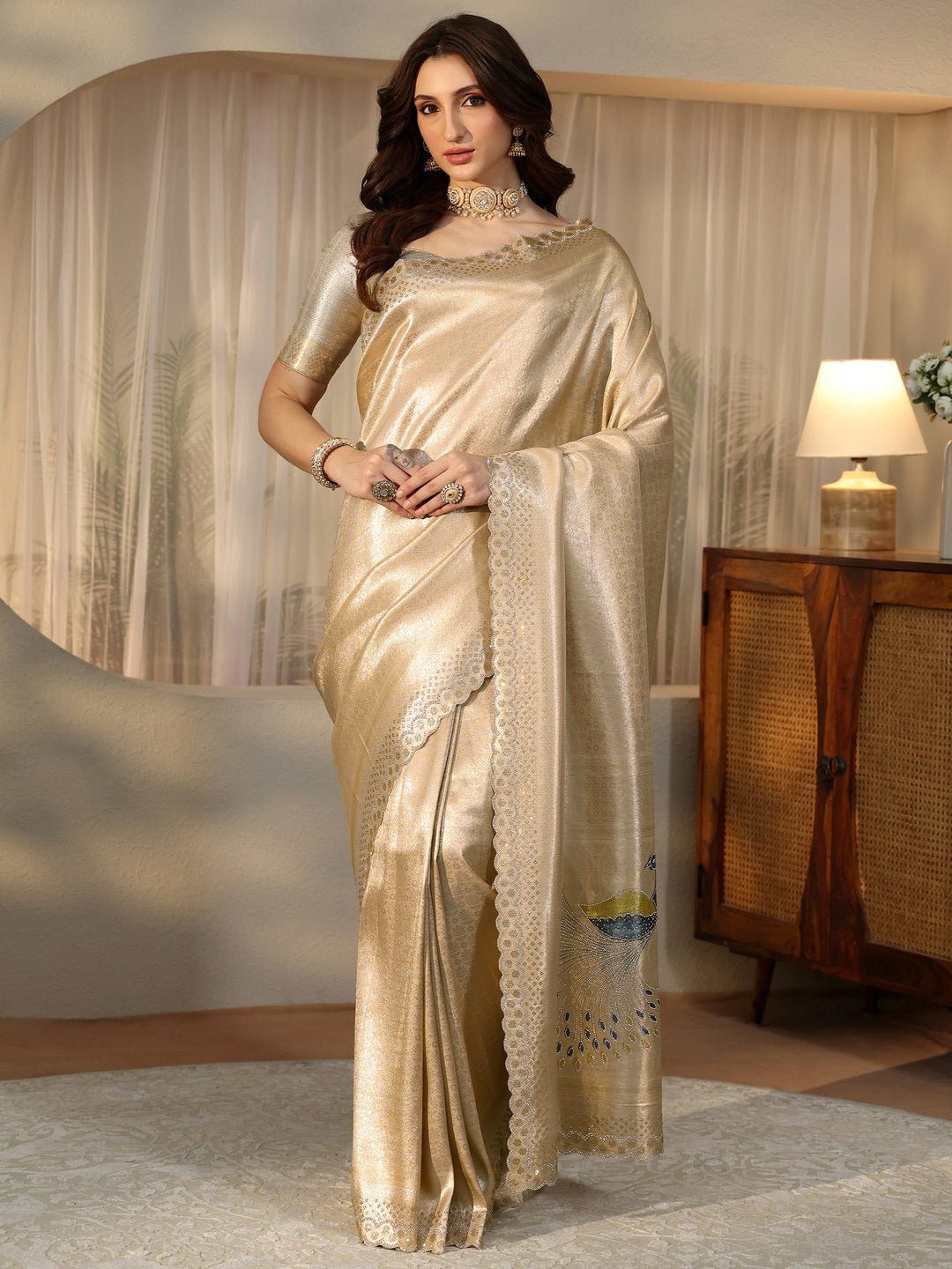 Libas Gold Silk Blend Saree with Embellished Border