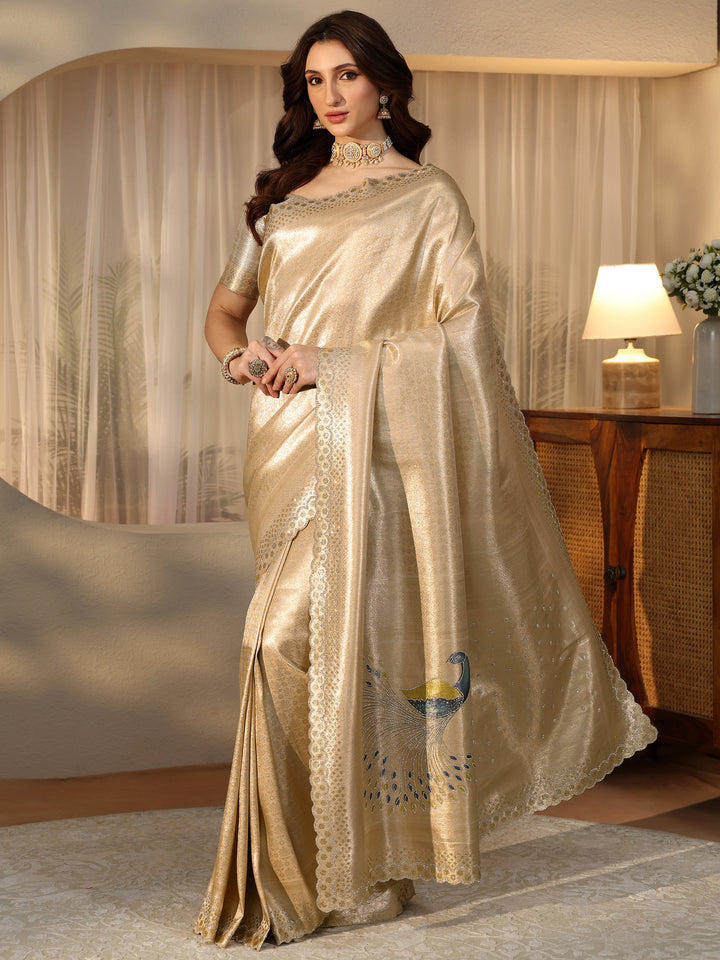 Libas Gold Silk Blend Saree with Embellished Border