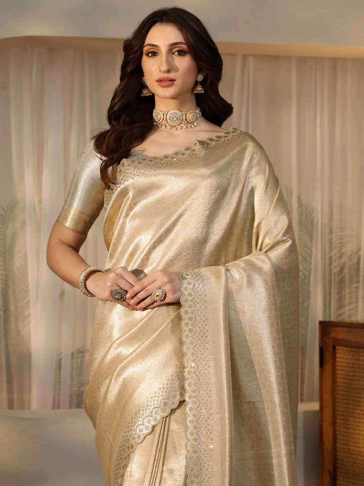 Libas Gold Silk Blend Saree with Embellished Border