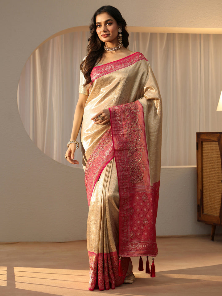 Libas Gold Silk Blend Saree with Woven Border