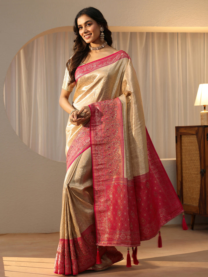 Libas Gold Silk Blend Saree with Woven Border