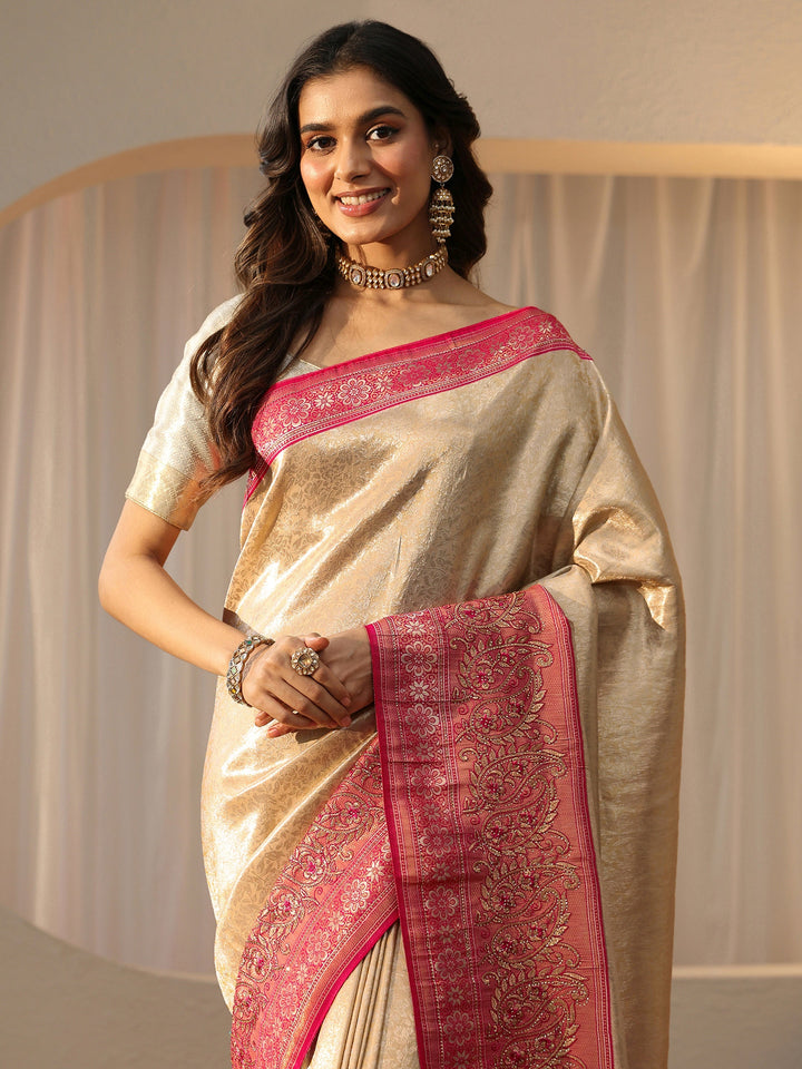 Libas Gold Silk Blend Saree with Woven Border