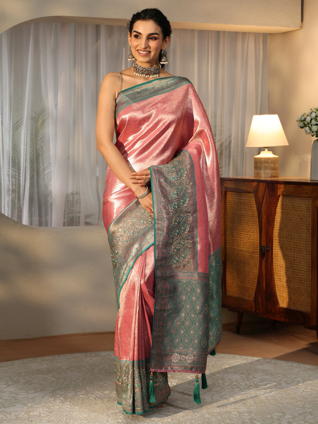 Libas Peach Silk Blend Saree with Woven Border