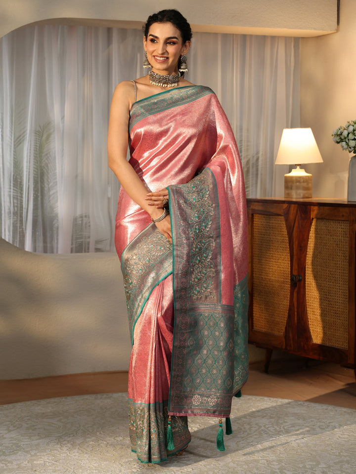 Libas Peach Silk Blend Saree with Woven Border