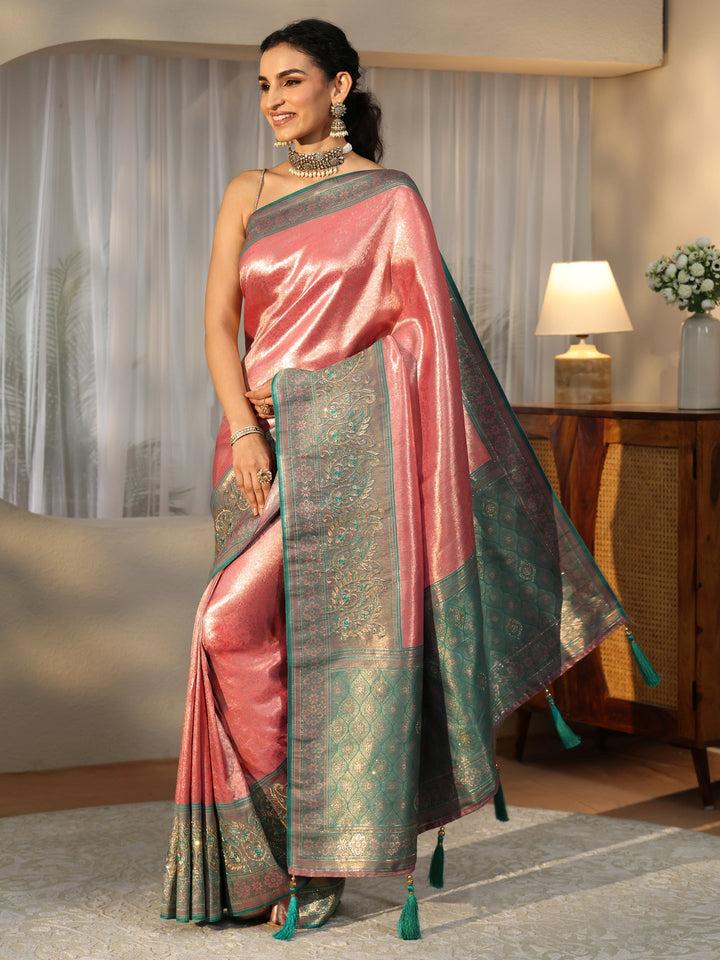 Libas Peach Silk Blend Saree with Woven Border