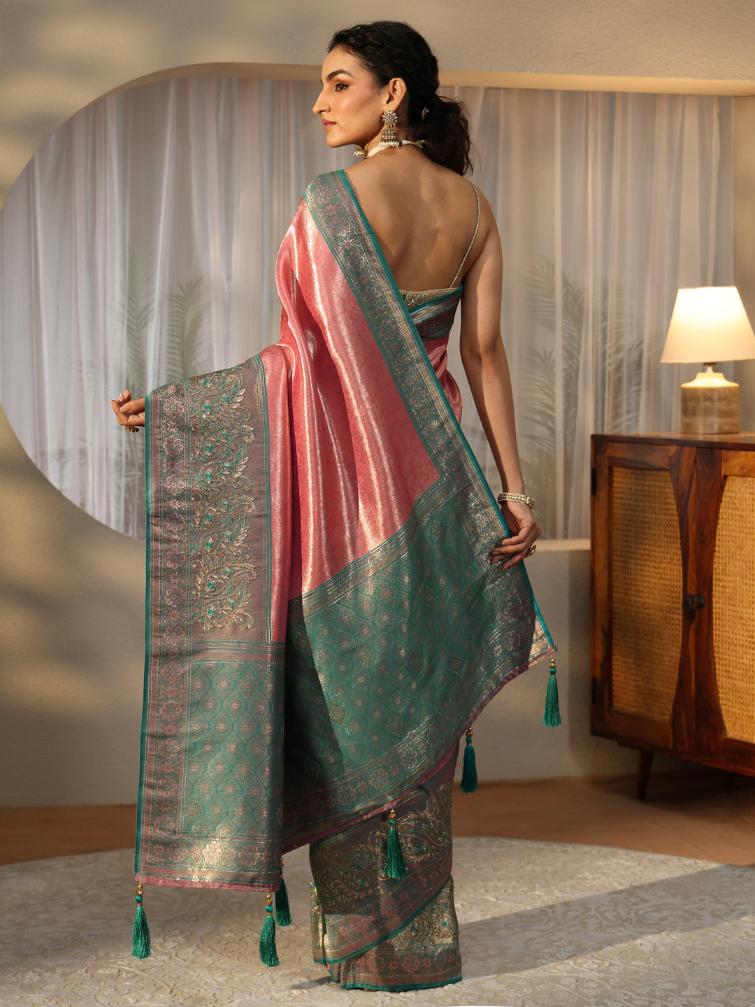 Libas Peach Silk Blend Saree with Woven Border