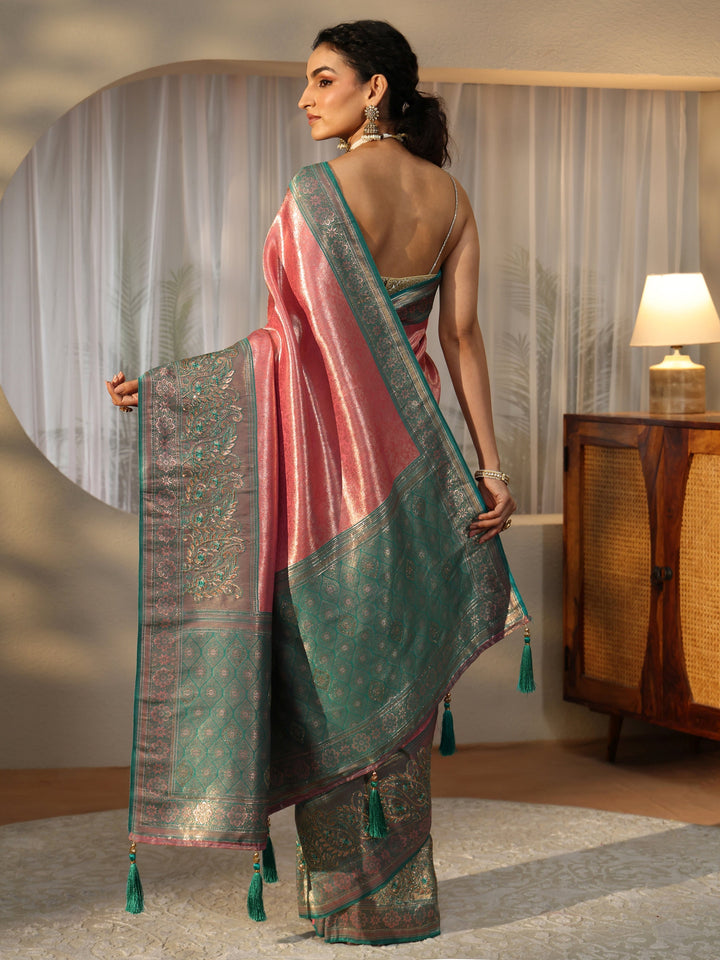 Libas Peach Silk Blend Saree with Woven Border