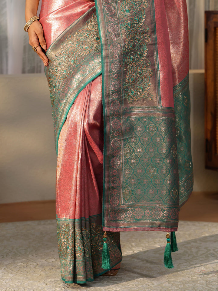 Libas Peach Silk Blend Saree with Woven Border