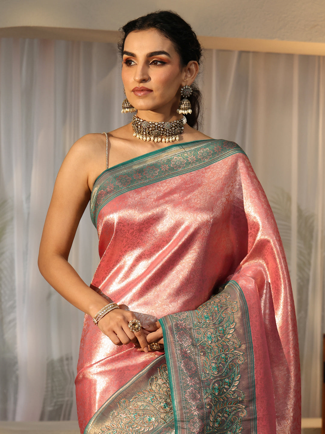 Libas Peach Silk Blend Saree with Woven Border