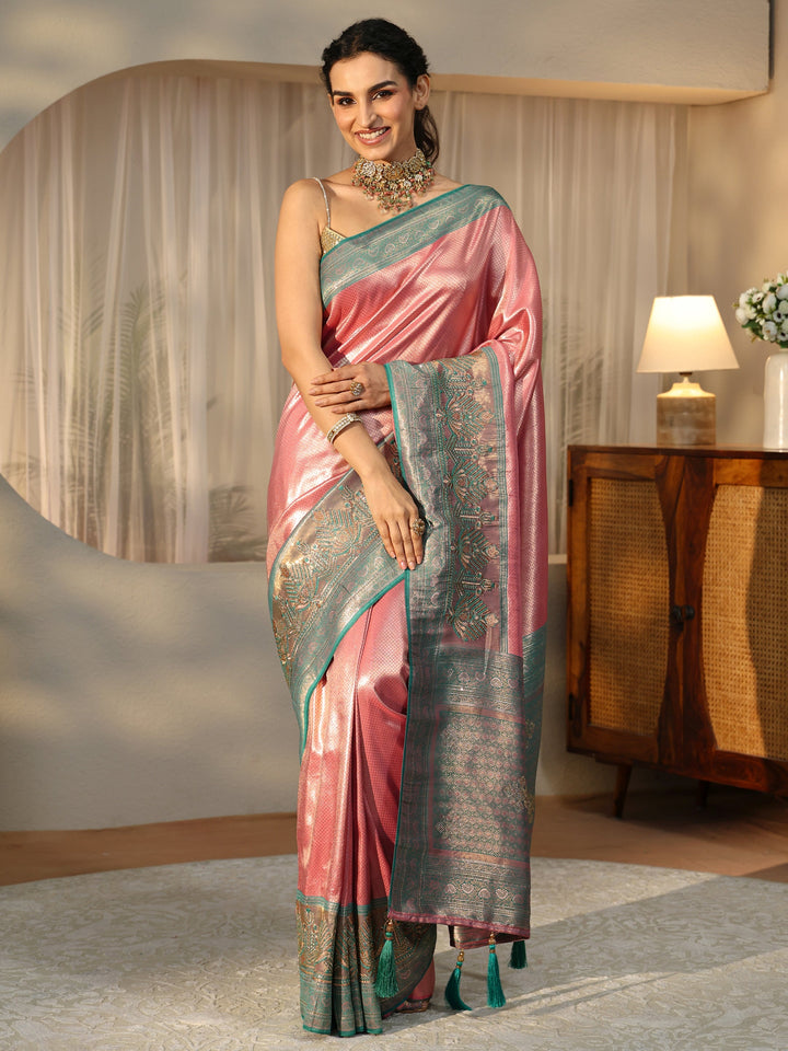 Libas Rose Pink Silk Blend Saree with Woven Border