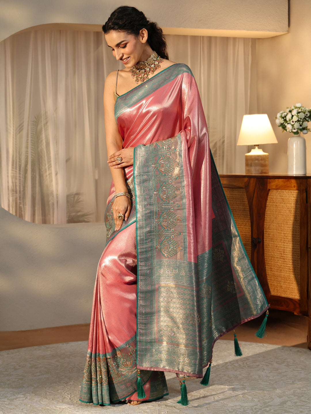 Libas Rose Pink Silk Blend Saree with Woven Border