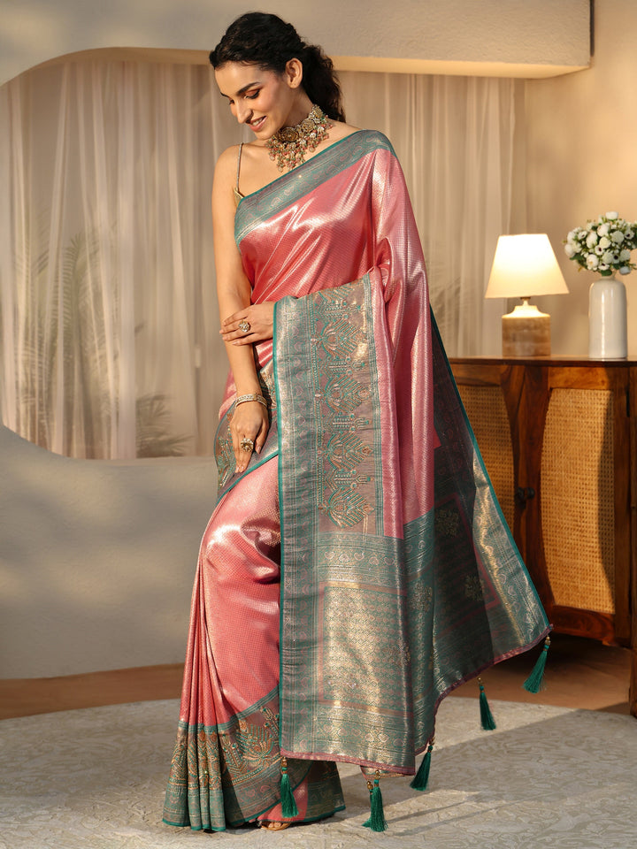 Libas Rose Pink Silk Blend Saree with Woven Border