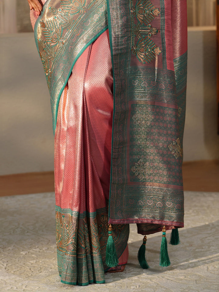 Libas Rose Pink Silk Blend Saree with Woven Border