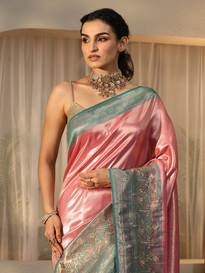 Libas Rose Pink Silk Blend Saree with Woven Border