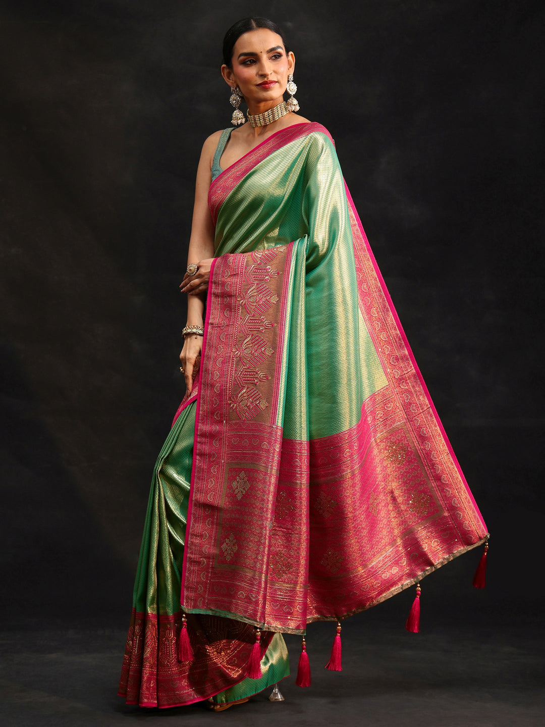 Libas Sea Green Woven Design Silk Blend Saree
