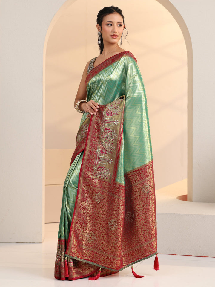 Libas Seafoam Green Chevron Woven Design Silk Blend Saree
