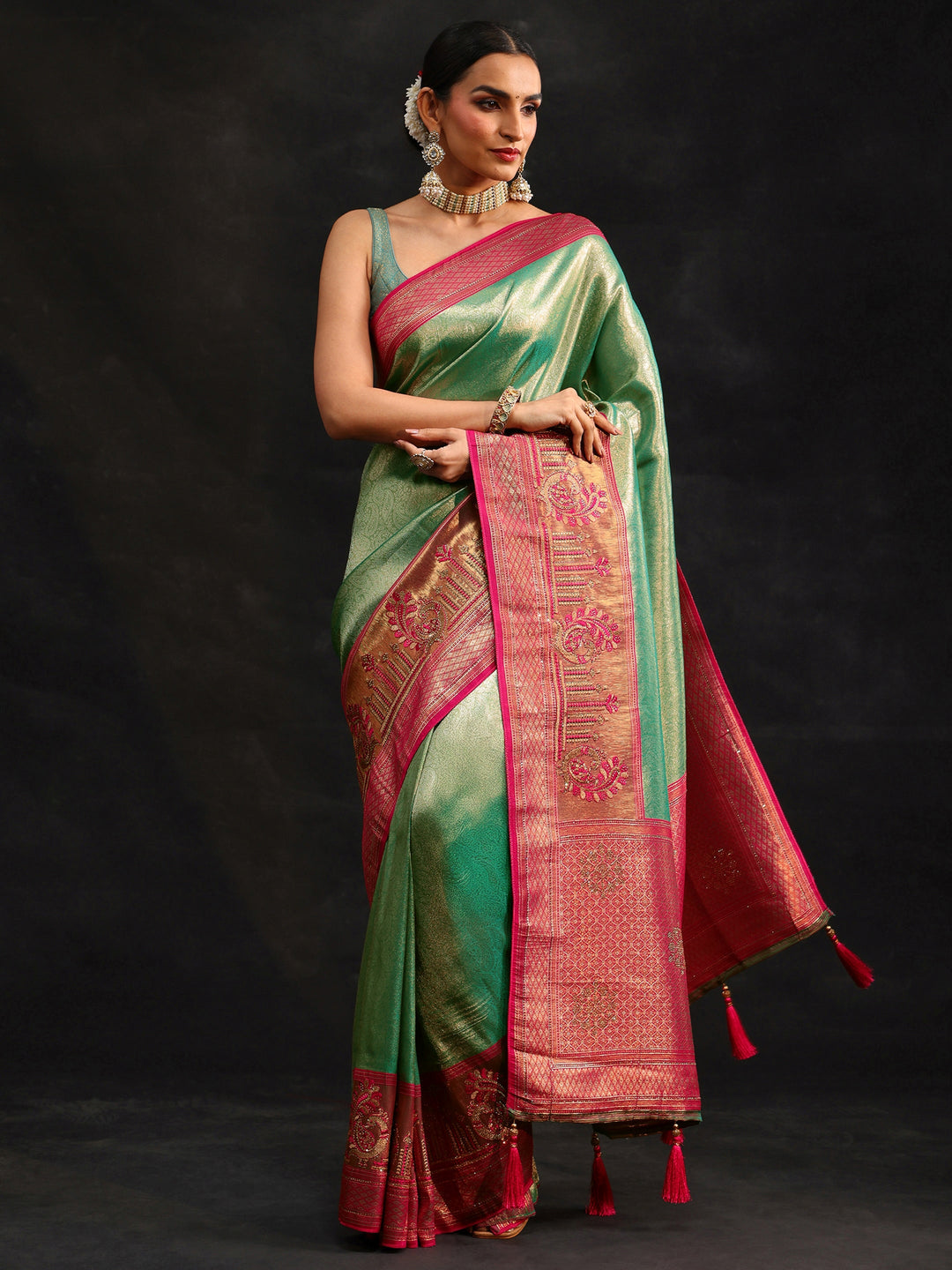 Libas Sea Green Woven Design Silk Blend Saree