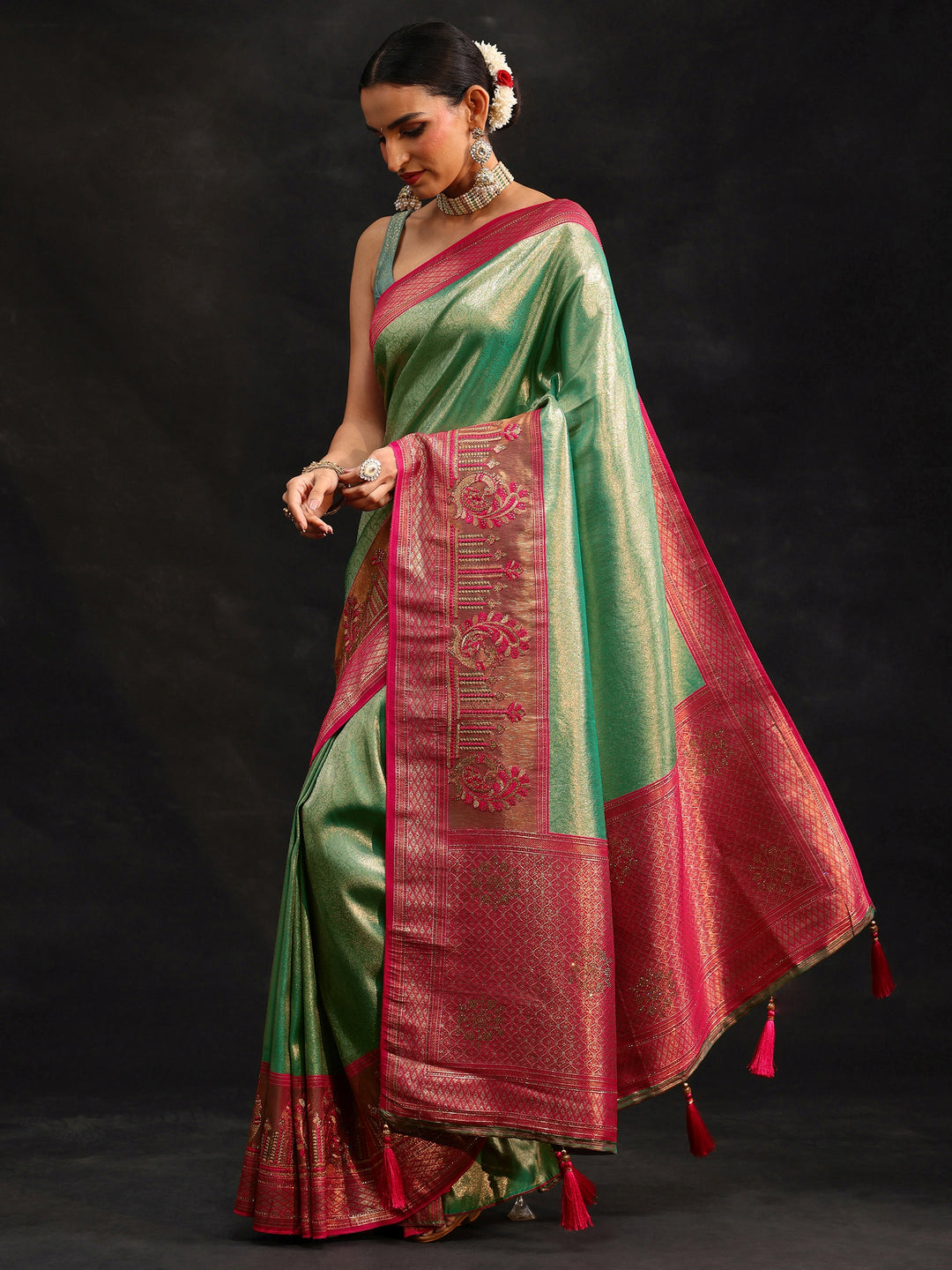 Libas Sea Green Woven Design Silk Blend Saree