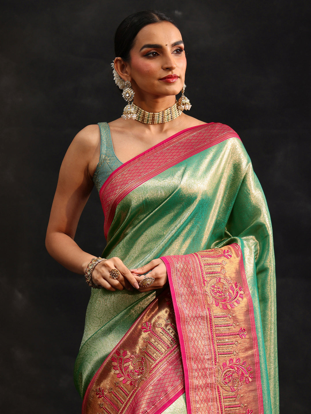 Libas Sea Green Woven Design Silk Blend Saree