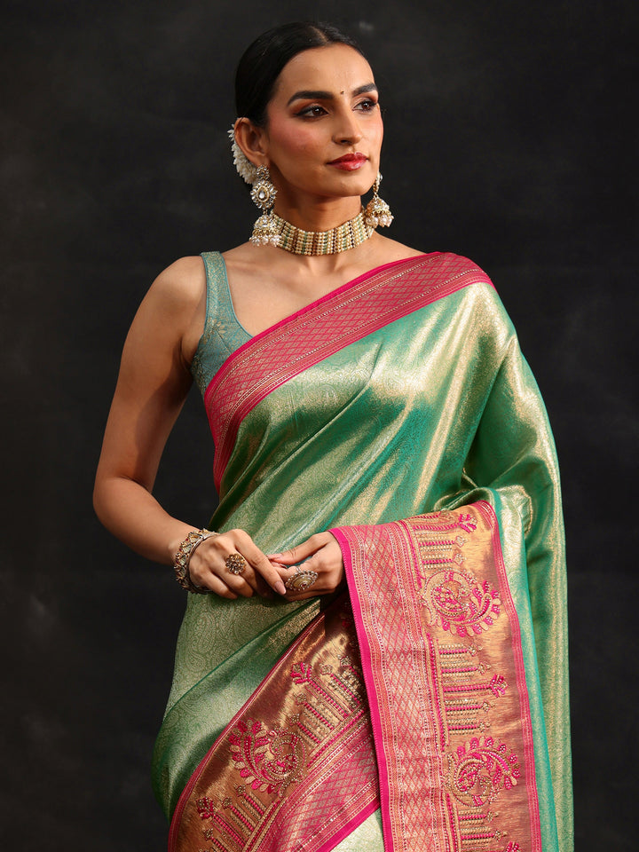 Libas Sea Green Woven Design Silk Blend Saree