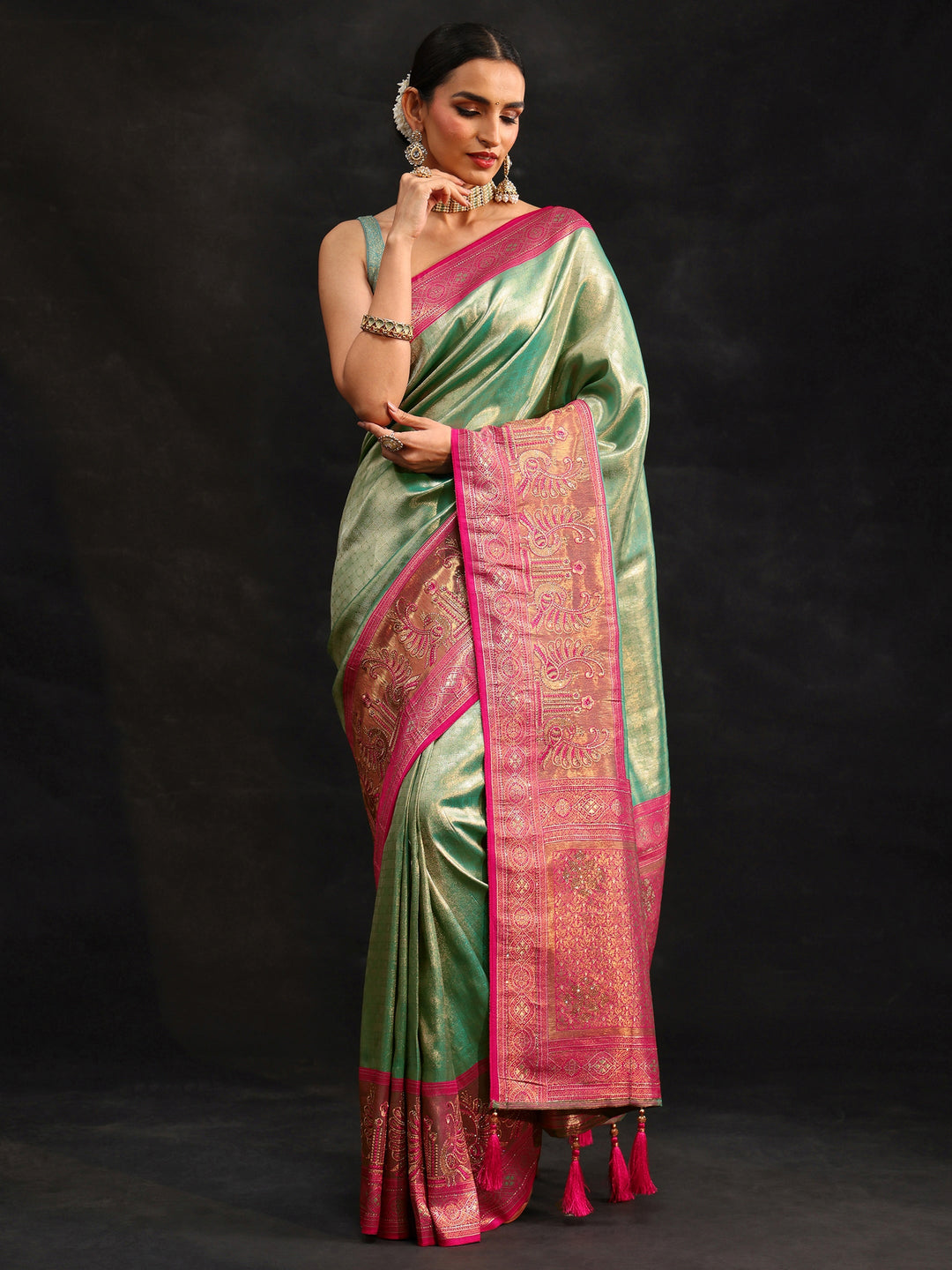 Libas Sea Green Woven Design Silk Blend Saree