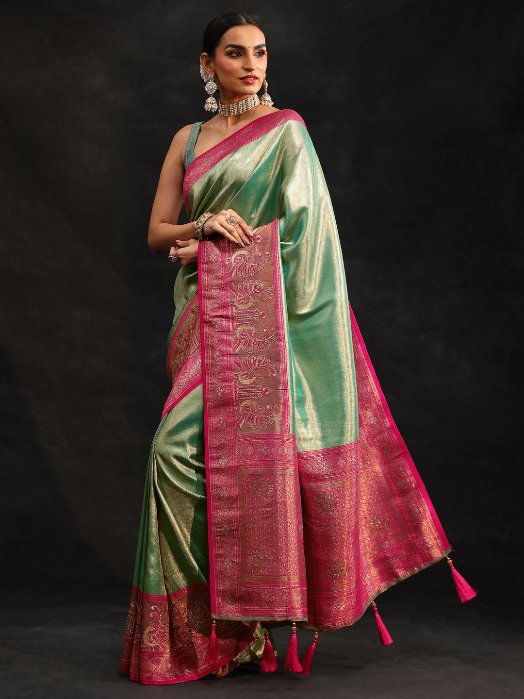 Libas Sea Green Woven Design Silk Blend Saree