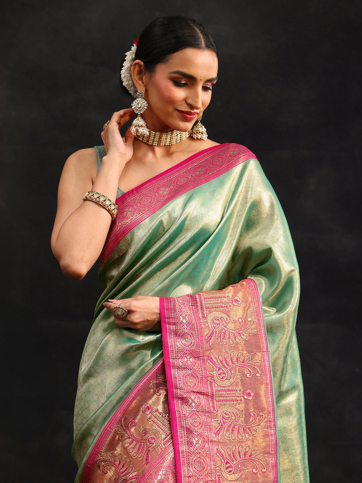Libas Sea Green Woven Design Silk Blend Saree