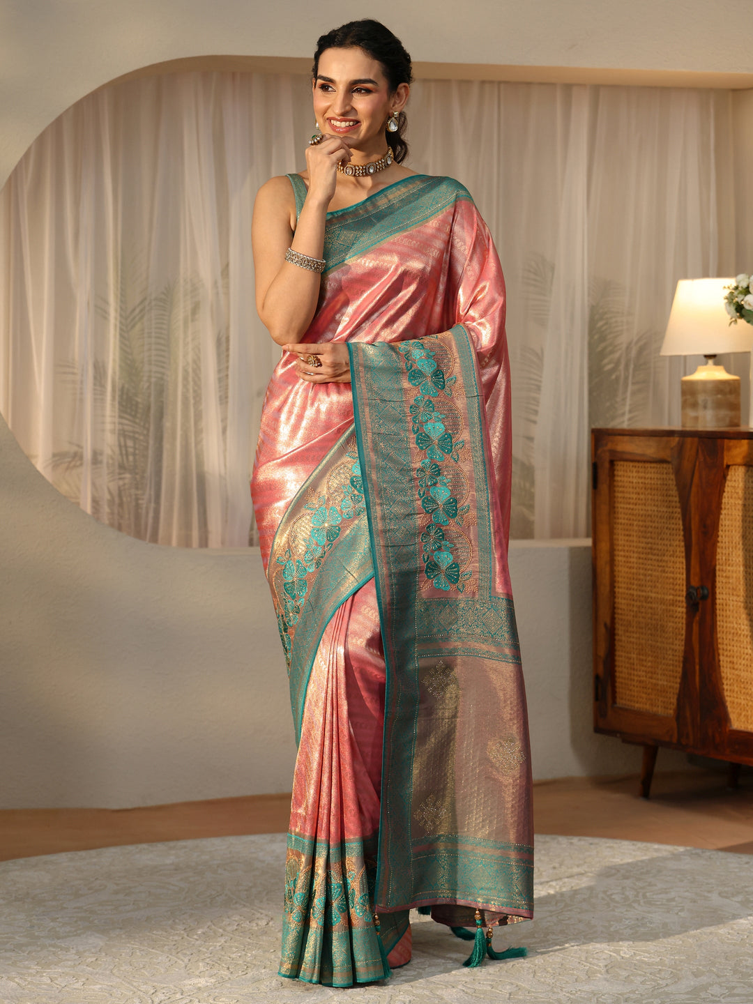 Libas Peach Silk Blend Saree with Woven Border