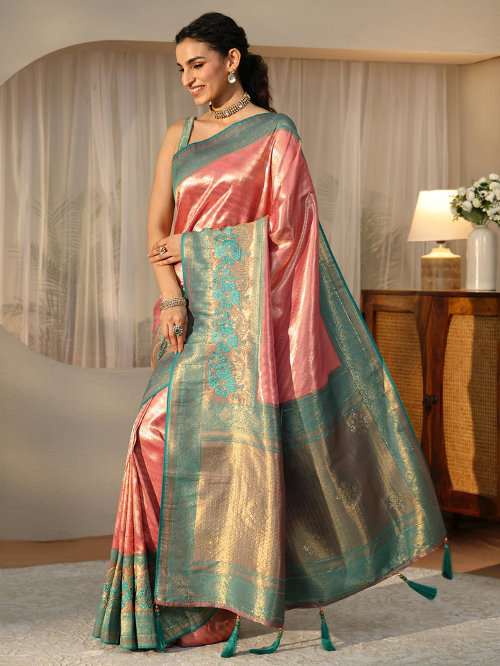 Libas Peach Silk Blend Saree with Woven Border