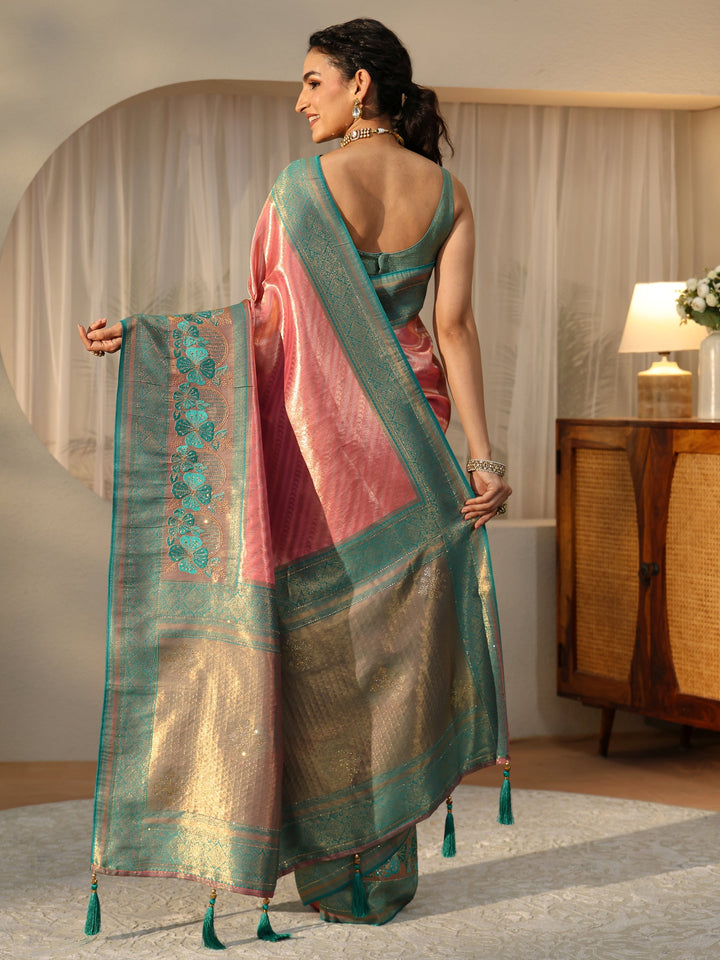 Libas Peach Silk Blend Saree with Woven Border
