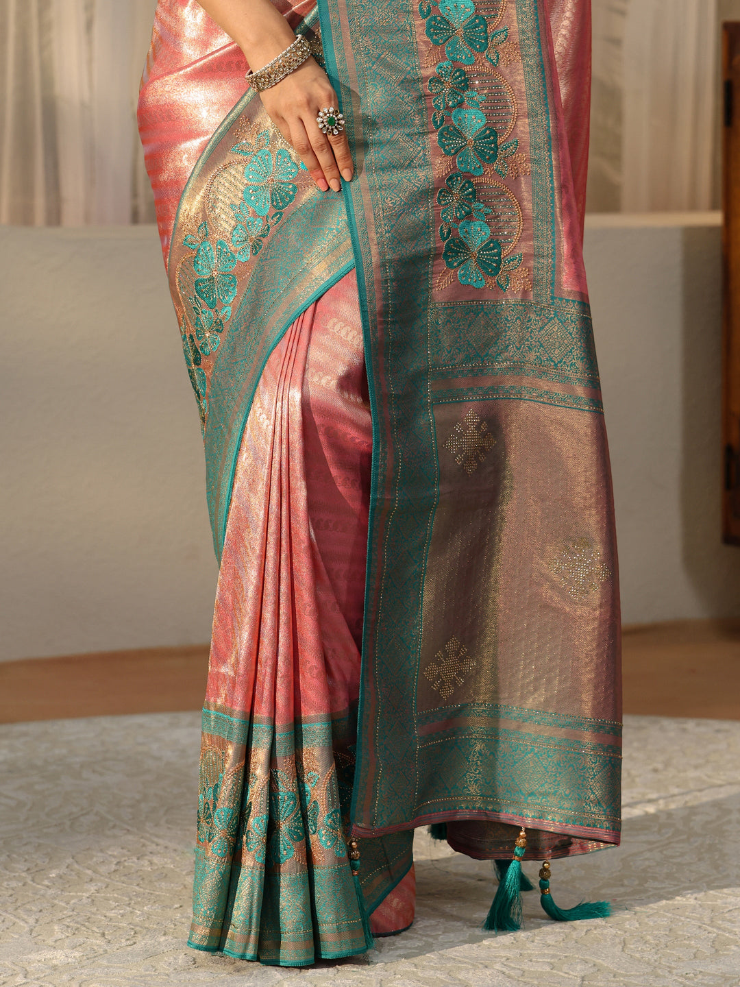 Libas Peach Silk Blend Saree with Woven Border