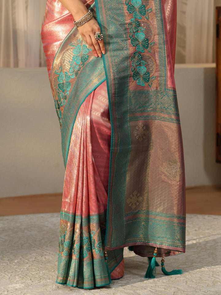 Libas Peach Silk Blend Saree with Woven Border
