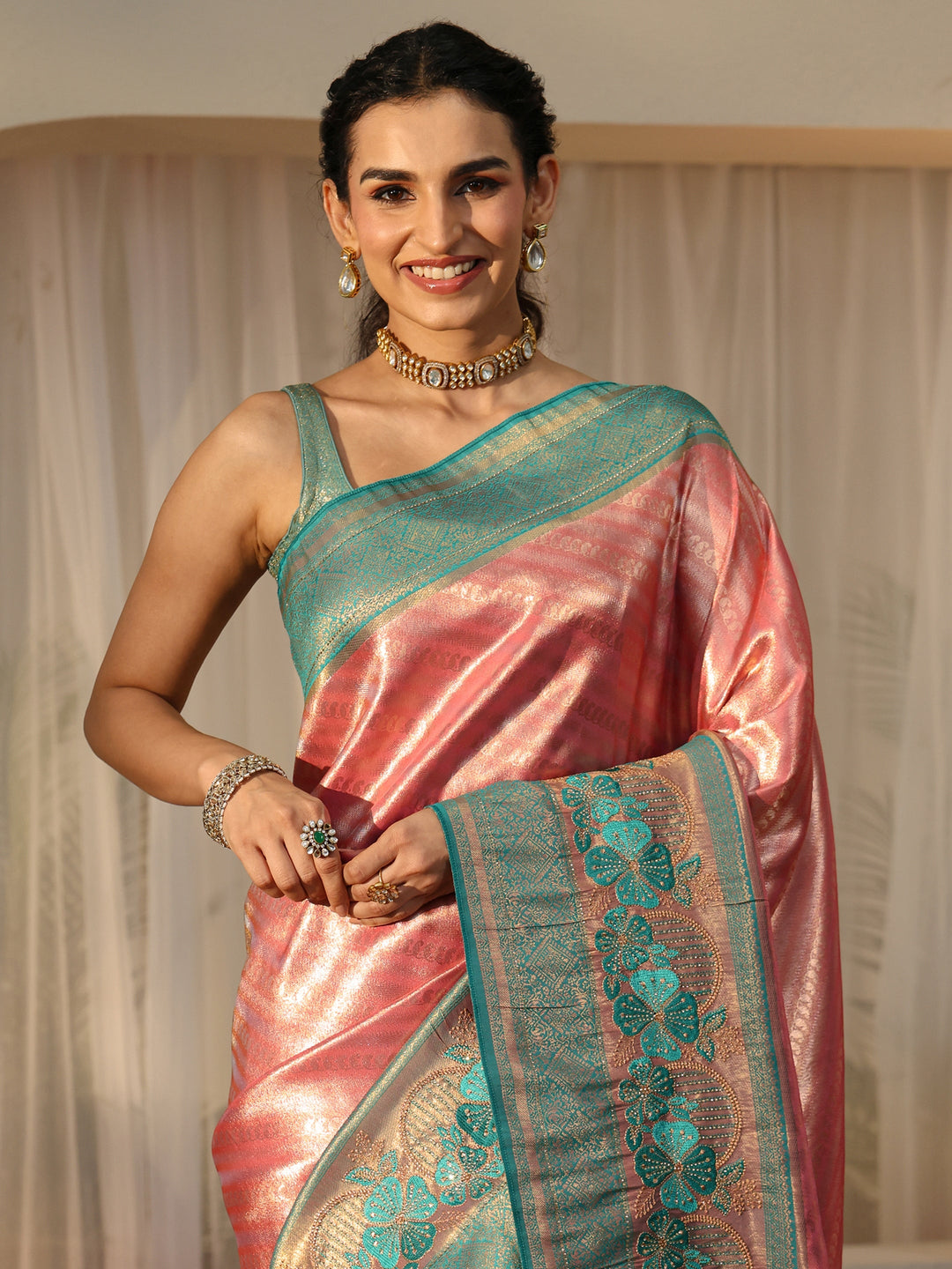 Libas Peach Silk Blend Saree with Woven Border