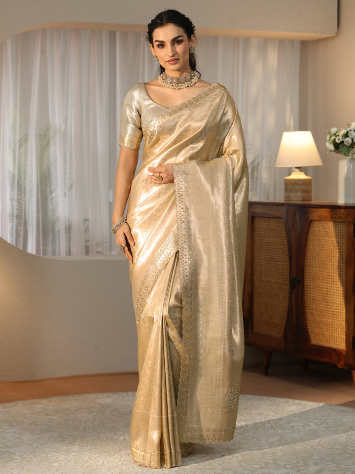 Libas Gold Silk Blend Saree with Embellished Border