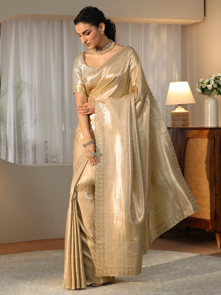 Libas Gold Silk Blend Saree with Embellished Border