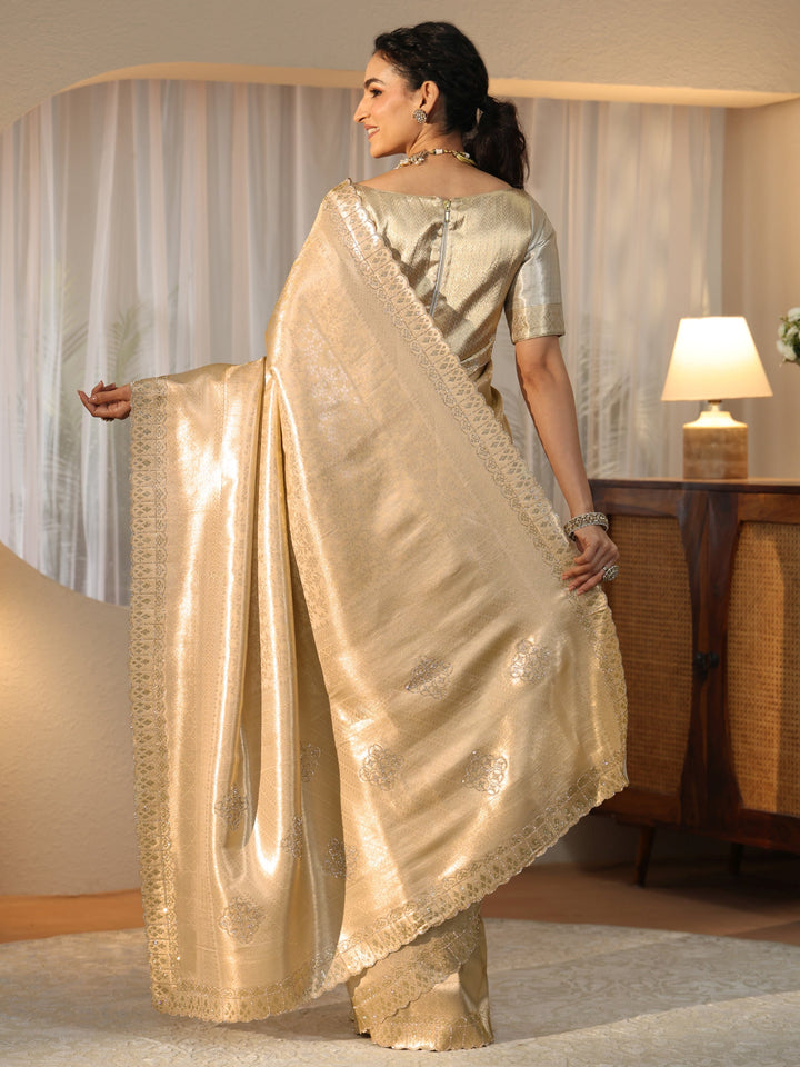 Libas Gold Silk Blend Saree with Embellished Border