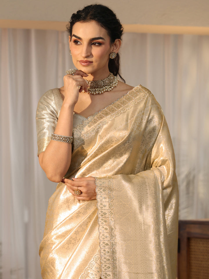 Libas Gold Silk Blend Saree with Embellished Border
