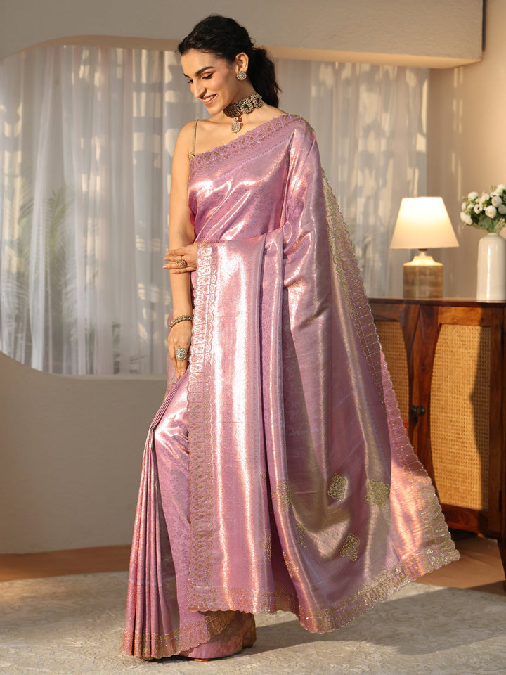 Libas Lavender Silk Blend Saree with Embellished Border
