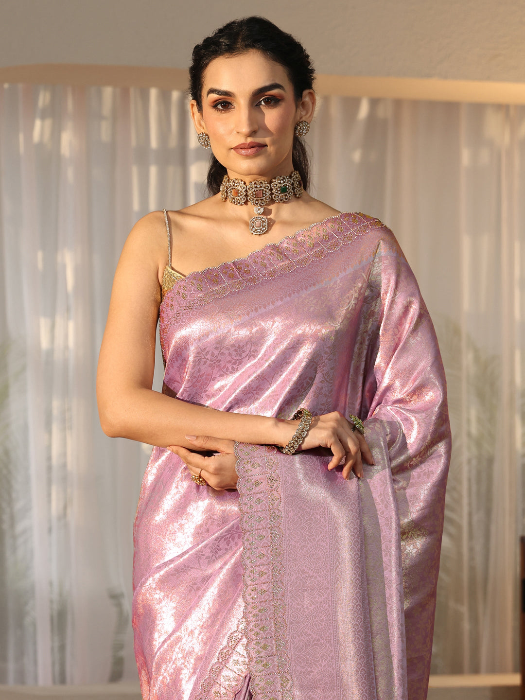 Libas Lavender Silk Blend Saree with Embellished Border