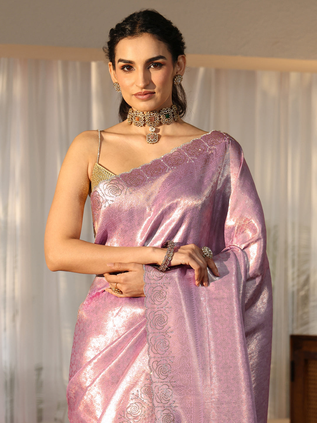 Libas Lavender Silk Blend Saree with Embellished Border