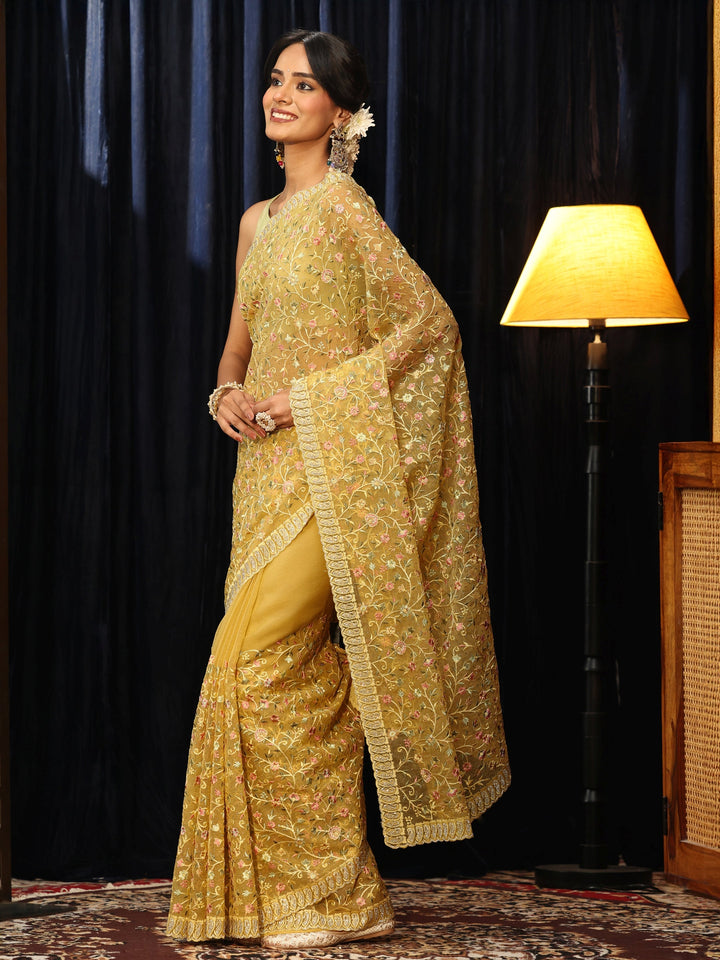 Libas Art Yellow Floral Embroidered Chiffon Saree