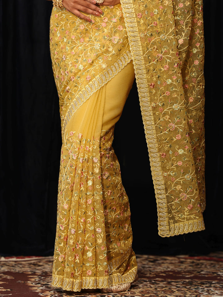 Libas Art Yellow Floral Embroidered Chiffon Saree