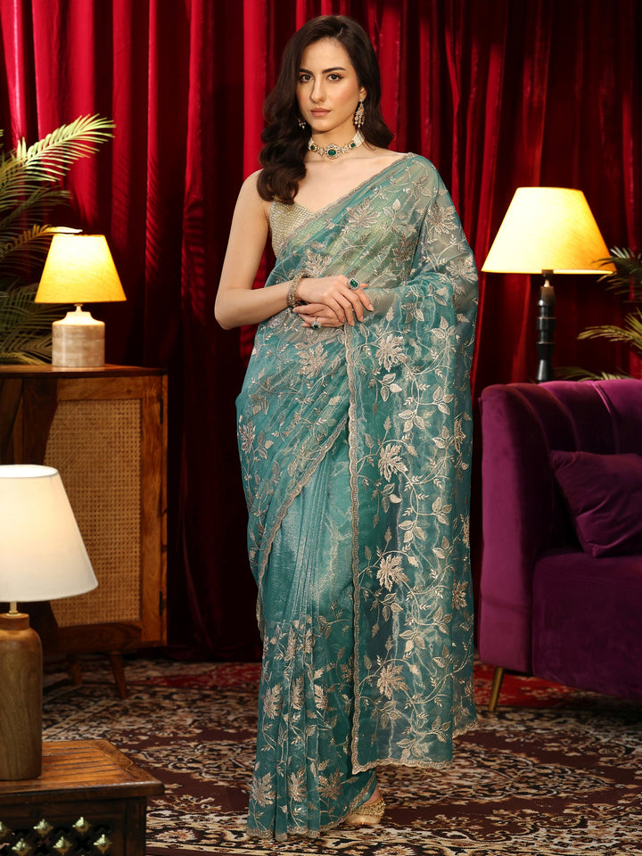 Libas Sage Green Floral Embellished Net Saree