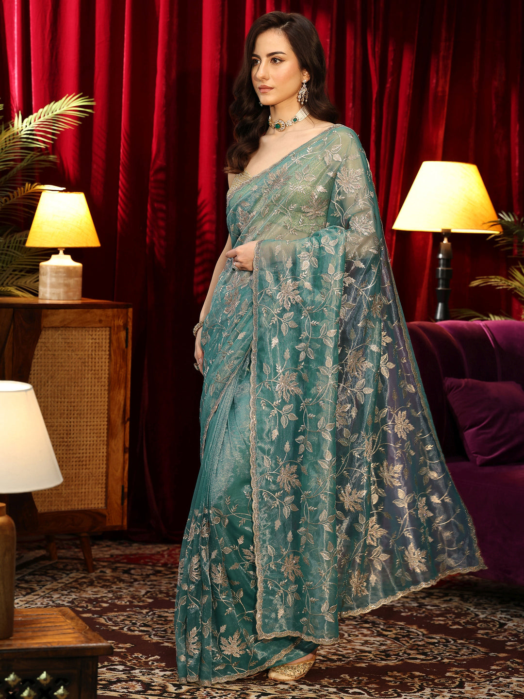Libas Sage Green Floral Embellished Net Saree