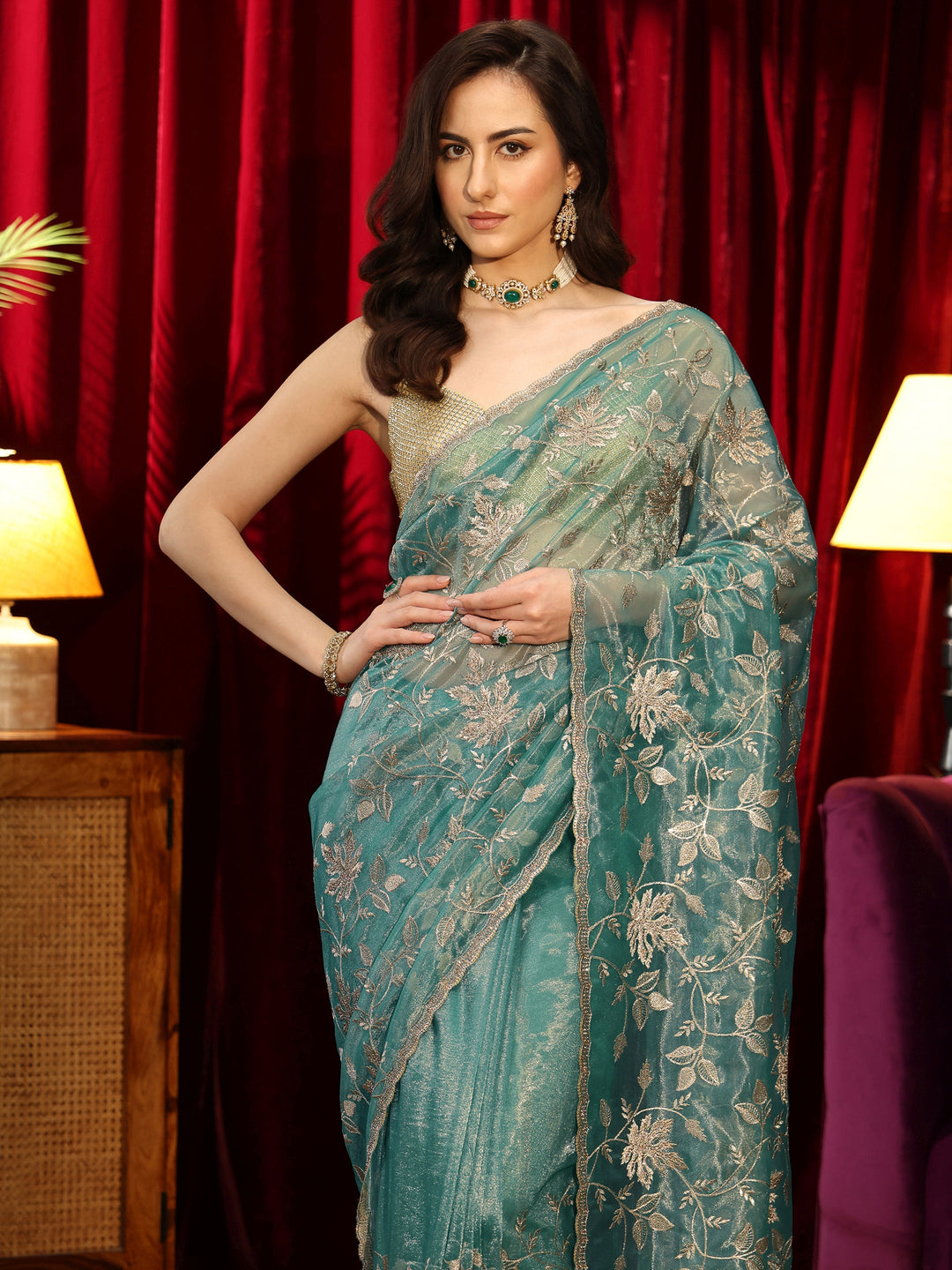 Libas Sage Green Floral Embellished Net Saree