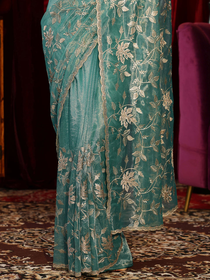 Libas Sage Green Floral Embellished Net Saree