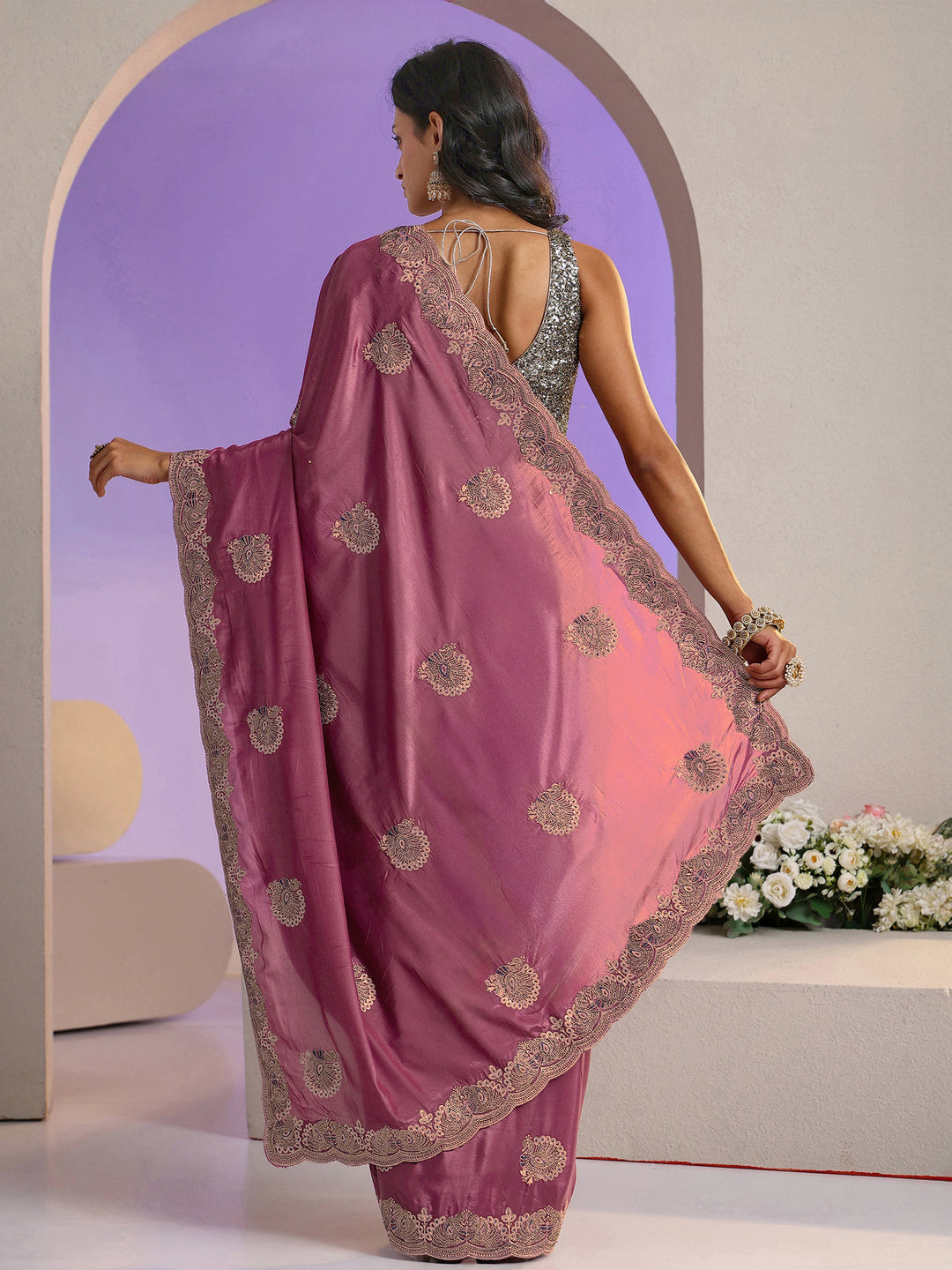 Libas Mauve Embellished Satin Saree