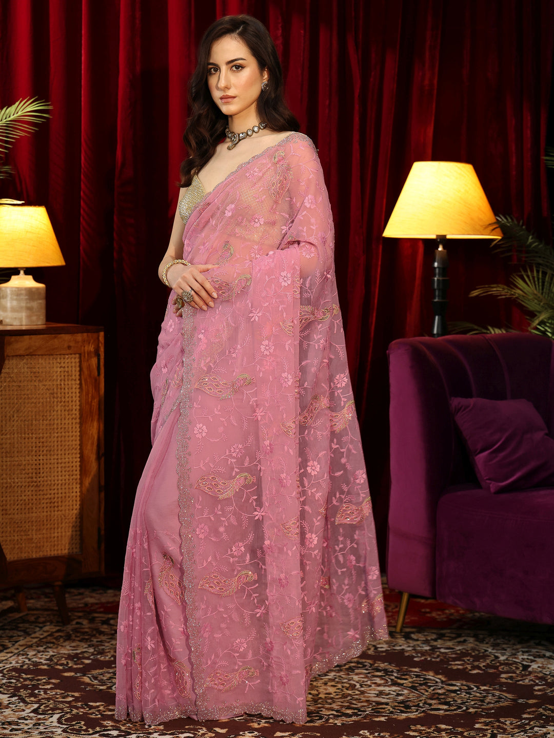 Libas Blush Pink Peacock Embroidered Chiffon Saree