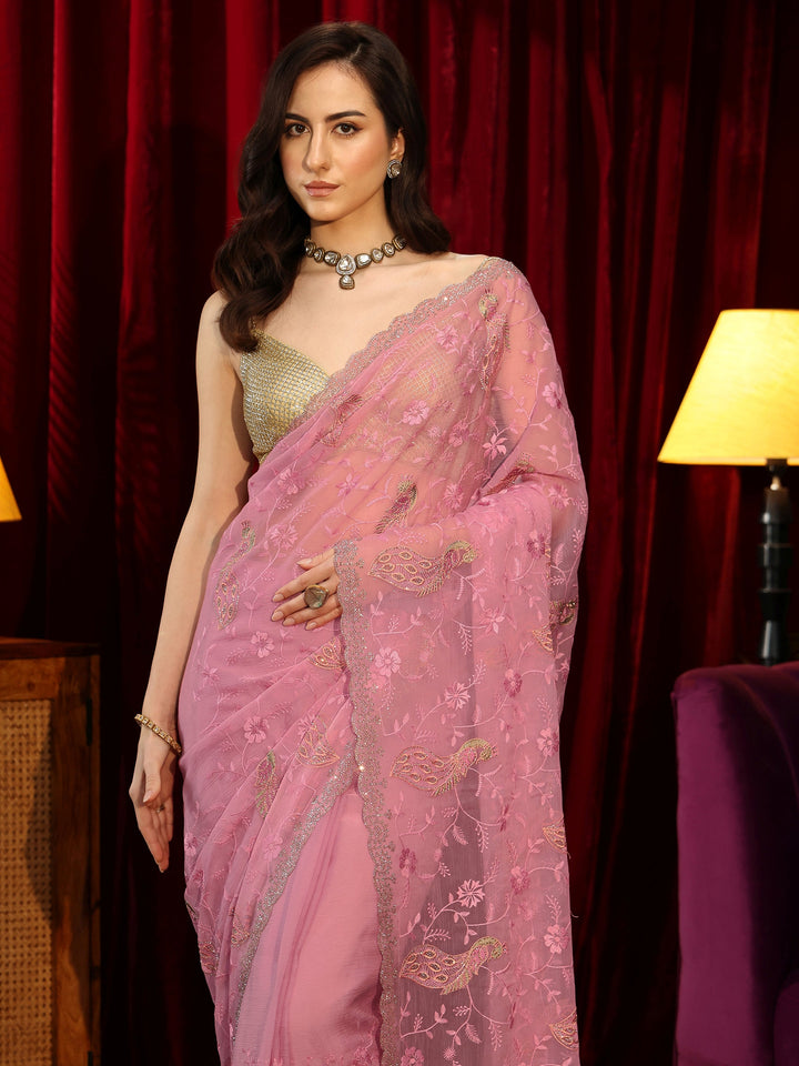 Libas Blush Pink Peacock Embroidered Chiffon Saree