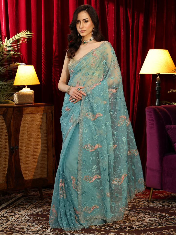 Libas Cerulean Blue Peacock Embroidered Chiffon Saree